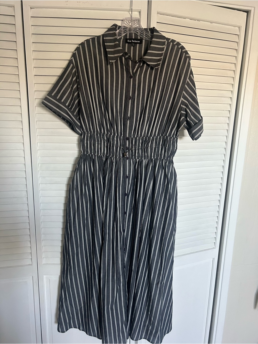 En Saison Stripe Short Sleeve Cotton Blend Midi Shirtdress